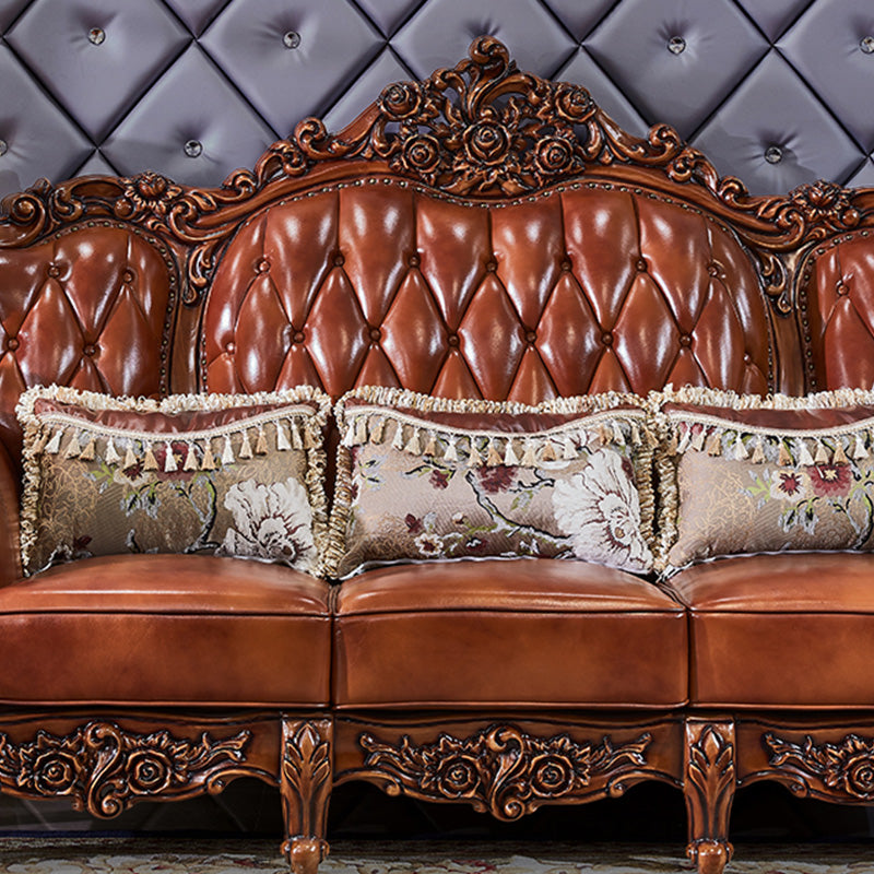 Genuine Leather Sofa Brown Tufted Split-Back Rolled Arm Sofa for Living Room