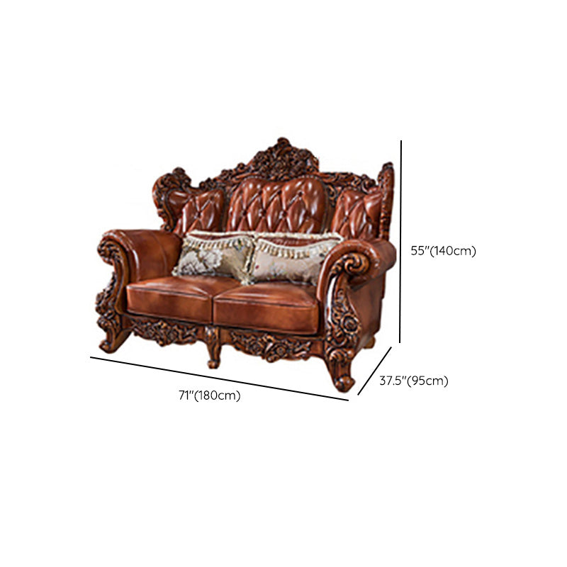 Genuine Leather Sofa Brown Tufted Split-Back Rolled Arm Sofa for Living Room