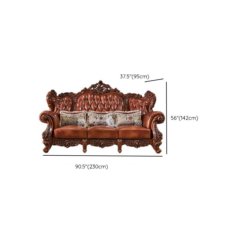 Genuine Leather Sofa Brown Tufted Split-Back Rolled Arm Sofa for Living Room