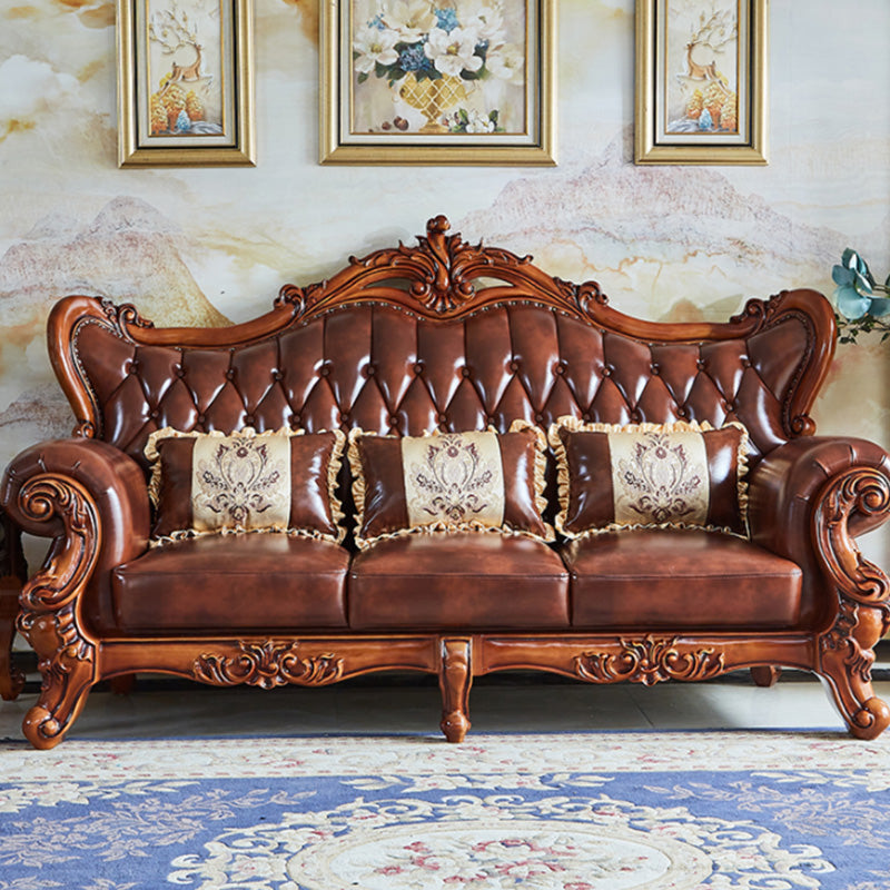Tufted Split-Back Sofa Genuine Leather Rolled Arm Sofa in Brown