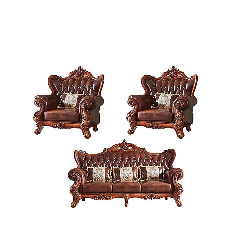 Tufted Split-Back Sofa Genuine Leather Rolled Arm Sofa in Brown