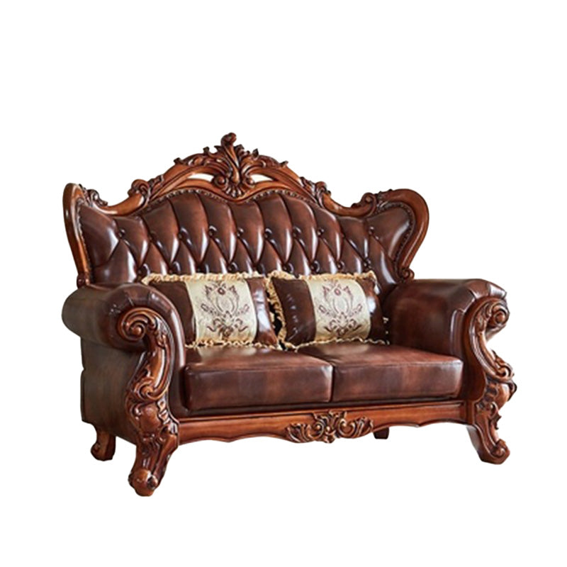 Tufted Split-Back Sofa Genuine Leather Rolled Arm Sofa in Brown