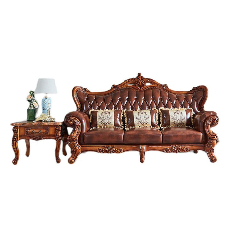Tufted Split-Back Sofa Genuine Leather Rolled Arm Sofa in Brown