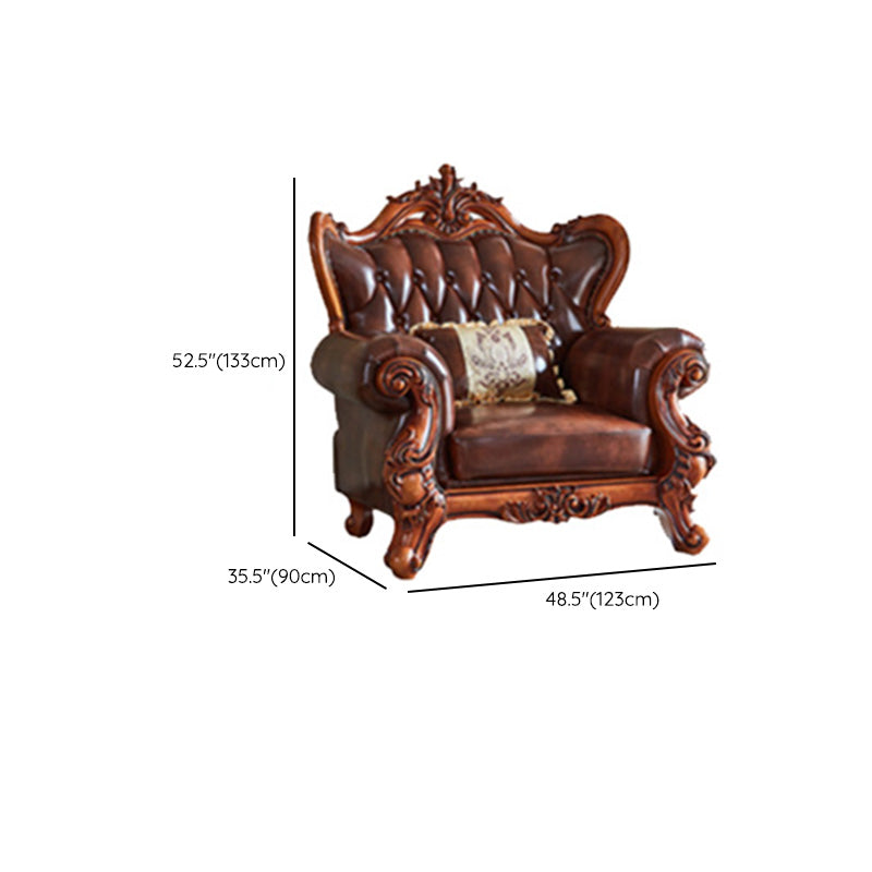 Tufted Split-Back Sofa Genuine Leather Rolled Arm Sofa in Brown