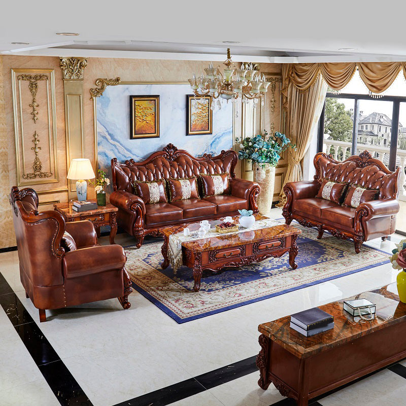 Traditional Tufted Split-Back Seating Flared Arm Sofa with Pillows in Brown