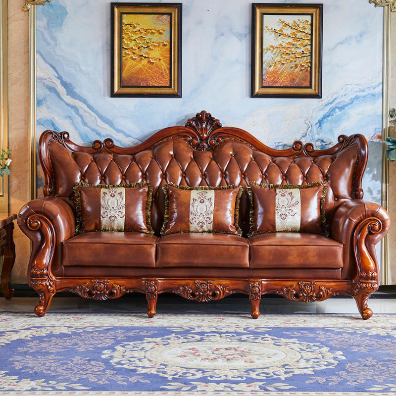 Traditional Tufted Split-Back Seating Flared Arm Sofa with Pillows in Brown
