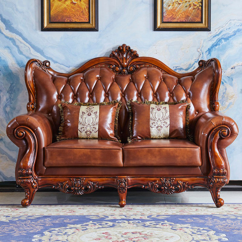 Traditional Tufted Split-Back Seating Flared Arm Sofa with Pillows in Brown