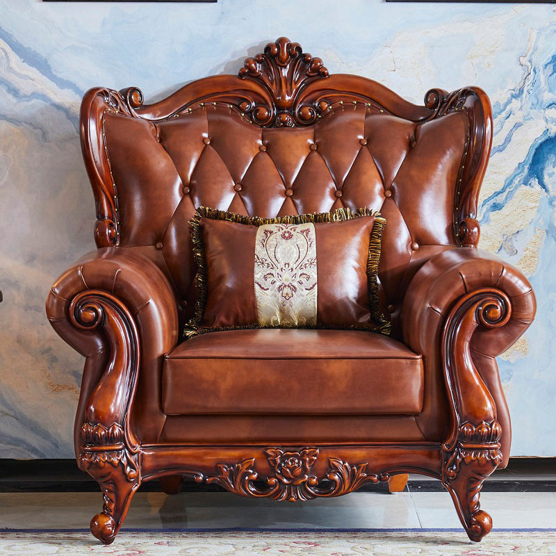 Traditional Tufted Split-Back Seating Flared Arm Sofa with Pillows in Brown