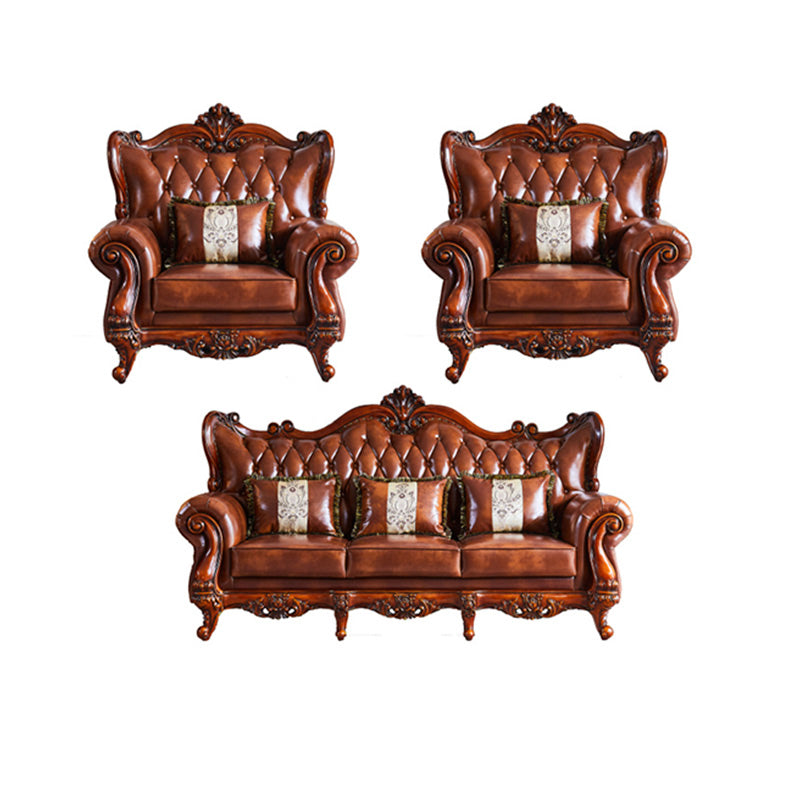 Traditional Tufted Split-Back Seating Flared Arm Sofa with Pillows in Brown