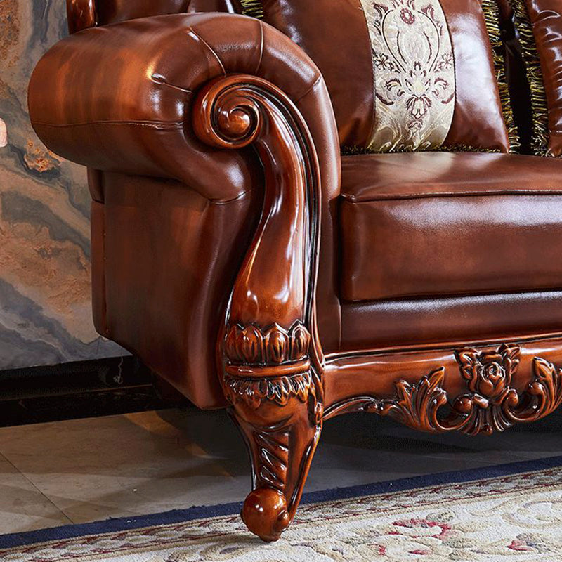 Traditional Tufted Split-Back Seating Flared Arm Sofa with Pillows in Brown
