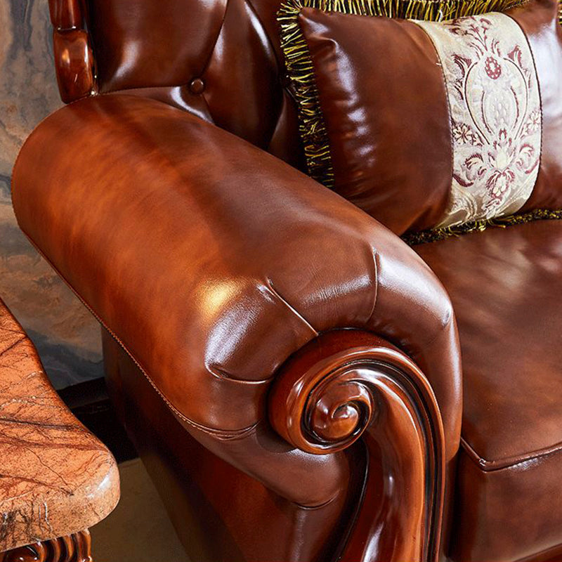 Traditional Tufted Split-Back Seating Flared Arm Sofa with Pillows in Brown