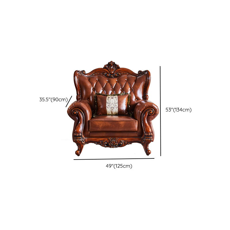 Traditional Tufted Split-Back Seating Flared Arm Sofa with Pillows in Brown