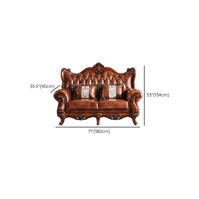 Traditional Tufted Split-Back Seating Flared Arm Sofa with Pillows in Brown
