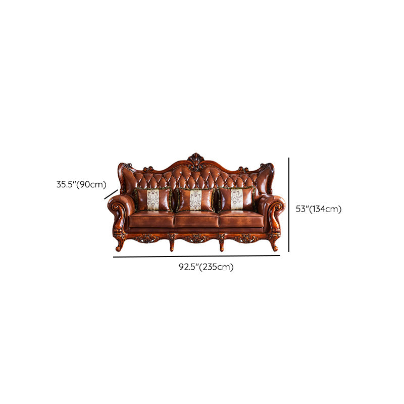 Traditional Tufted Split-Back Seating Flared Arm Sofa with Pillows in Brown