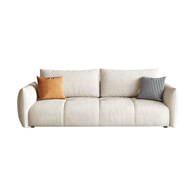 Modern Genuine Leather Square Arm Sofa White Sofa with Bolster Pillows