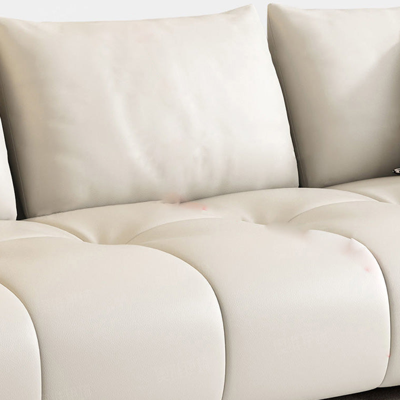 Modern Genuine Leather Square Arm Sofa White Sofa with Bolster Pillows