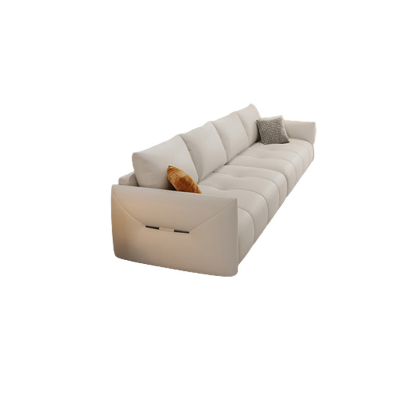Modern Genuine Leather Square Arm Sofa White Sofa with Bolster Pillows