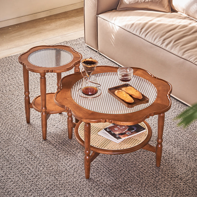 Solid Wood Accent Side Table Living Room Naturally Shaped Double Tier 4 Legs