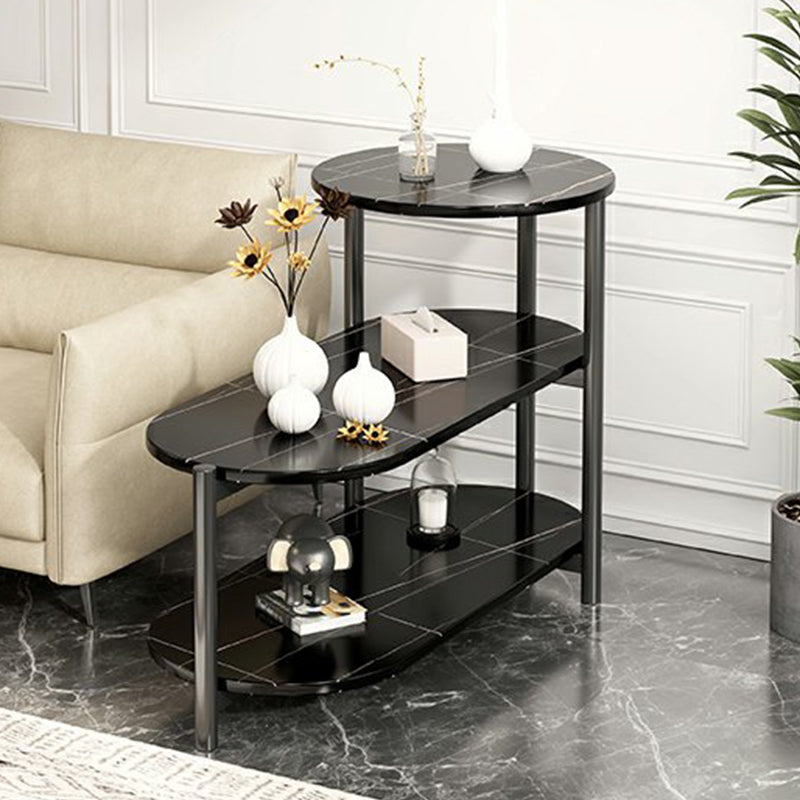 Glam Metal Side Table with Shelves Geometric Stone Top Accent Side Table