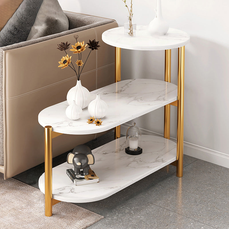 Glam Metal Side Table with Shelves Geometric Stone Top Accent Side Table