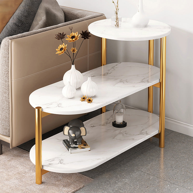 Glam Metal Side Table with Shelves Geometric Stone Top Accent Side Table