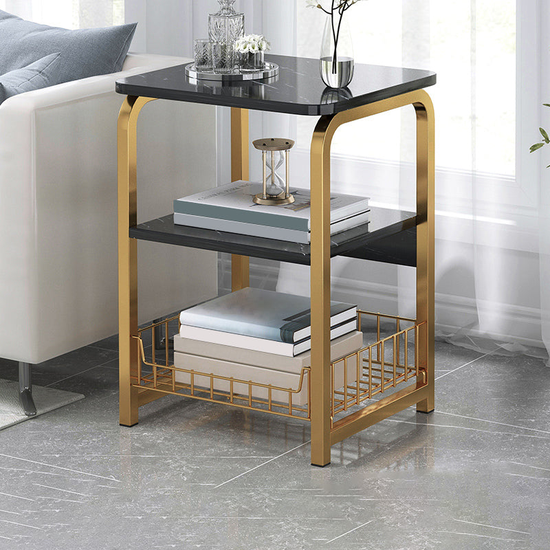 Glam Metal Side Table with Shelves Geometric Stone Top Accent Side Table
