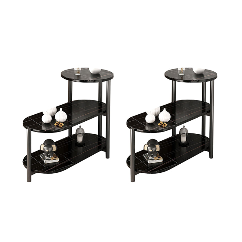 Glam Metal Side Table with Shelves Geometric Stone Top Accent Side Table