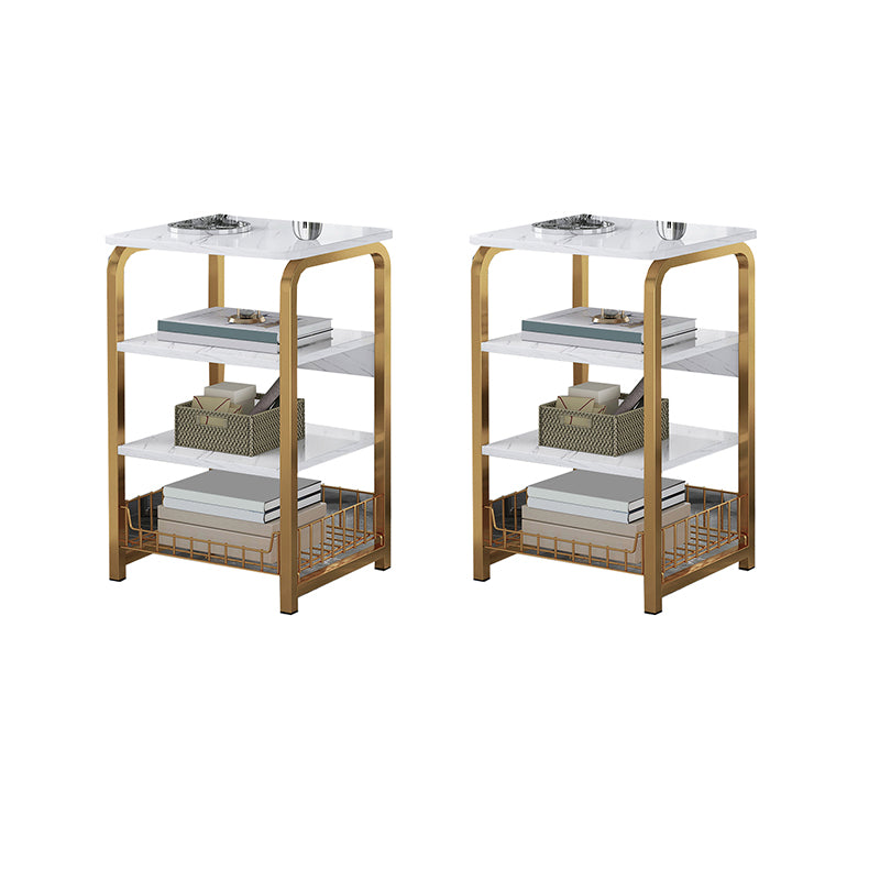 Glam Metal Side Table with Shelves Geometric Stone Top Accent Side Table