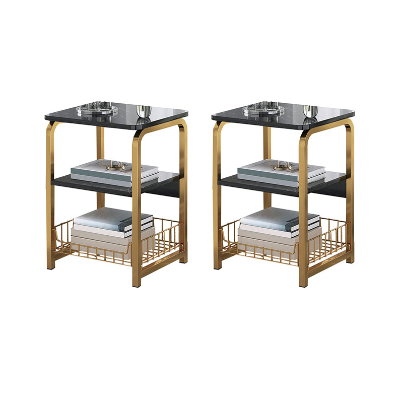 Glam Metal Side Table with Shelves Geometric Stone Top Accent Side Table