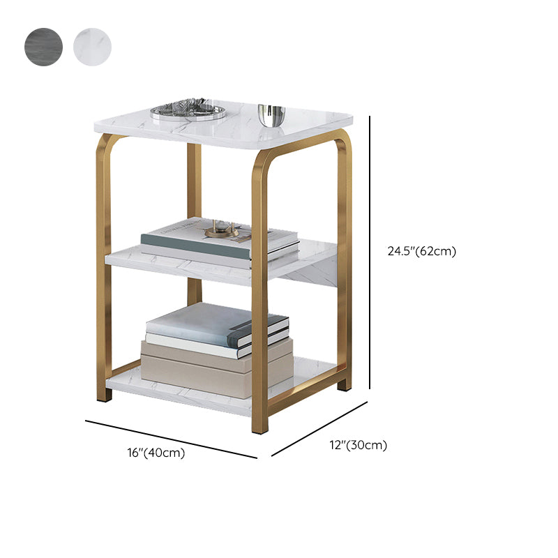 Glam Metal Side Table with Shelves Geometric Stone Top Accent Side Table