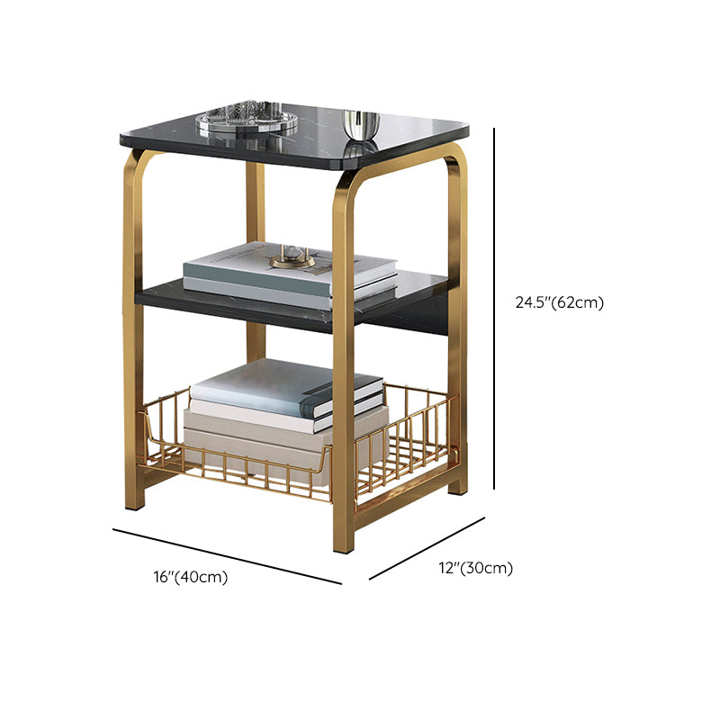 Glam Metal Side Table with Shelves Geometric Stone Top Accent Side Table