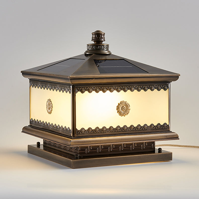 Rectangle Shape Metal Solar Pillar Lamp Modern 1-Light Outdoor Waterproof Light in Bronze