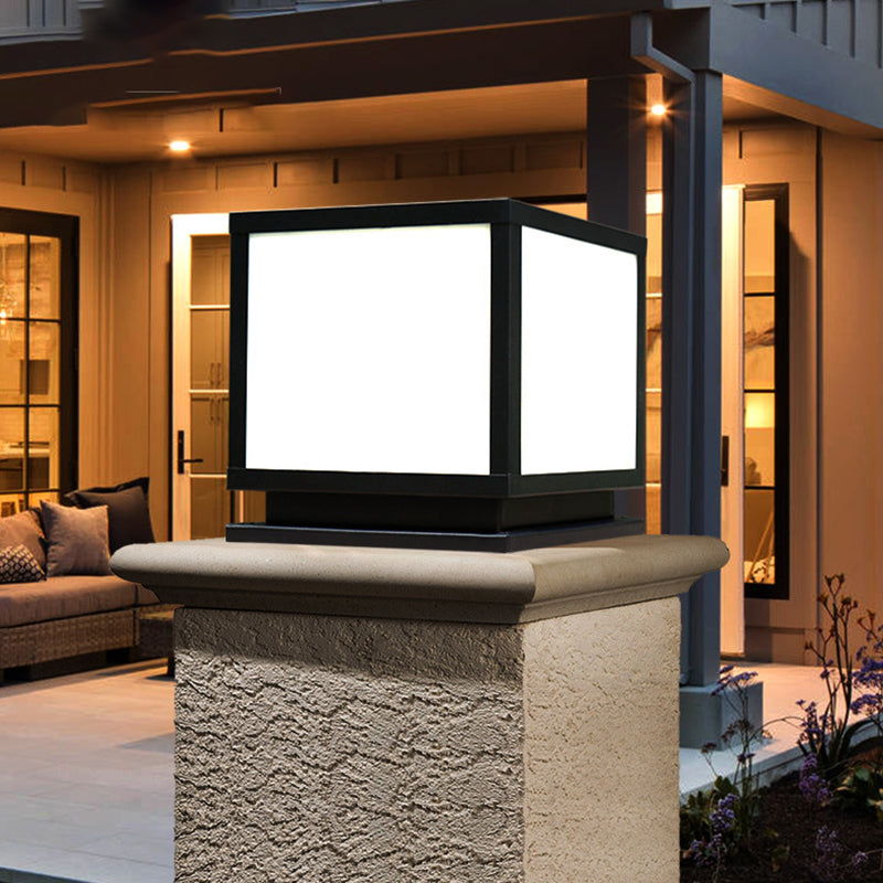 Square Shape Metal Solar Pillar Lamp Modern 1 Light Outdoor Waterproof Light in Black