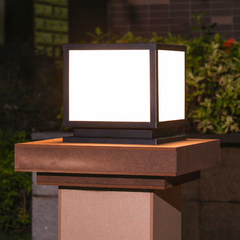 Square Shape Metal Solar Pillar Lamp Modern 1 Light Outdoor Waterproof Light in Black