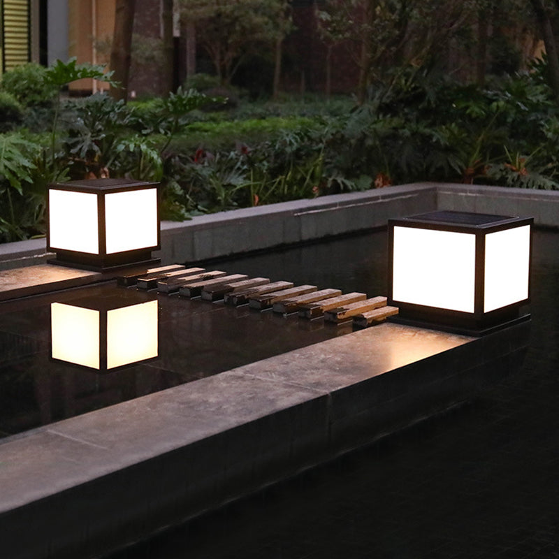 Square Shape Metal Solar Pillar Lamp Modern 1 Light Outdoor Waterproof Light in Black