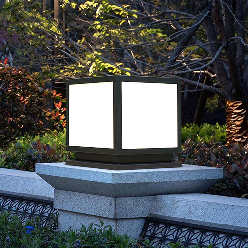 Square Shape Metal Solar Pillar Lamp Modern 1 Light Outdoor Waterproof Light in Black