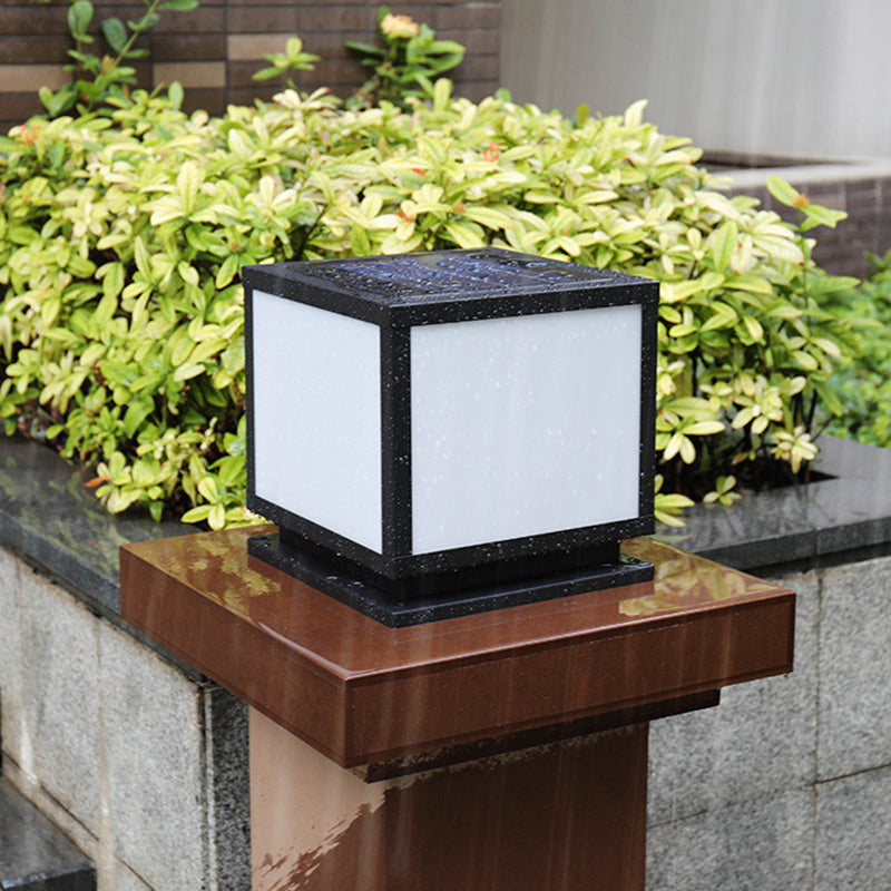 Square Shape Metal Solar Pillar Lamp Modern 1 Light Outdoor Waterproof Light in Black