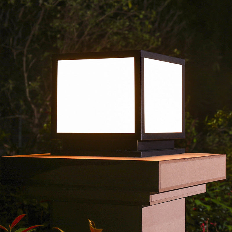 Square Shape Metal Solar Pillar Lamp Modern 1 Light Outdoor Waterproof Light in Black