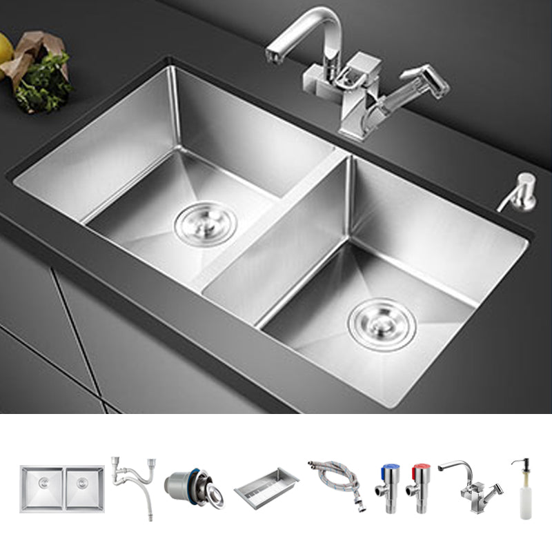 Double Sink Undermount Stainless Steel Sink with Drain Assembly for Kitchen