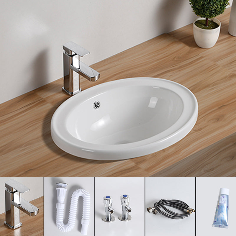 Traditional Drop-in Bathroom Sink Oval Porcelain with Overflow and Faucet Basin