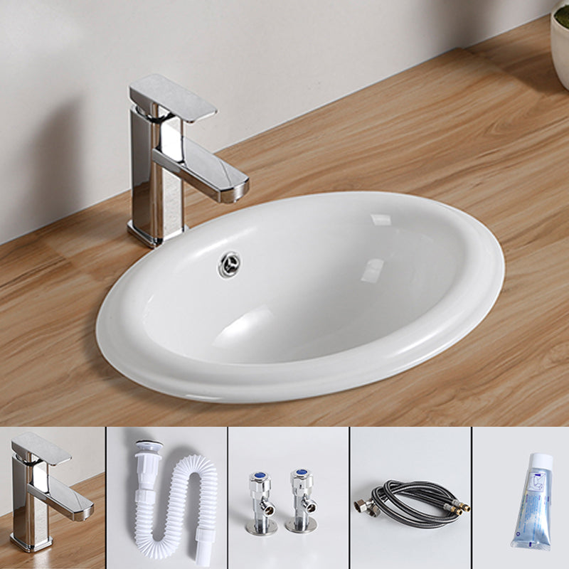 Traditional Drop-in Bathroom Sink Oval Porcelain with Overflow and Faucet Basin