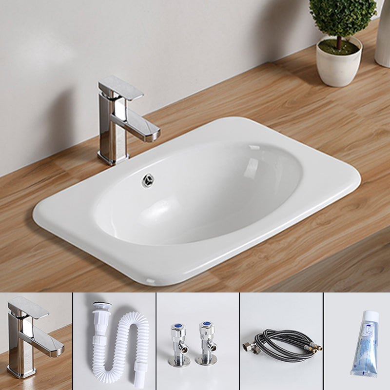 Traditional Drop-in Bathroom Sink Oval Porcelain with Overflow and Faucet Basin
