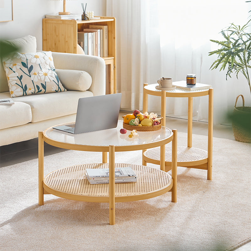 Tropical Coffee Table Glass 4 Legs Storage Round Coffee Cocktail Table