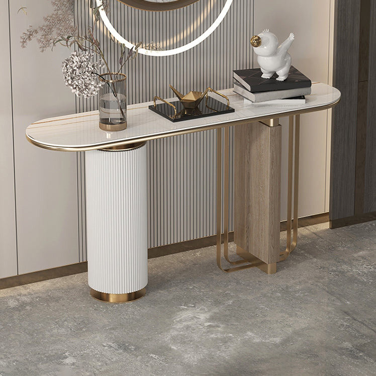 14 inch Wide Glam Accent Table Oval Stone Console Table for Hall