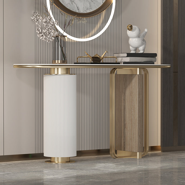 14 inch Wide Glam Accent Table Oval Stone Console Table for Hall
