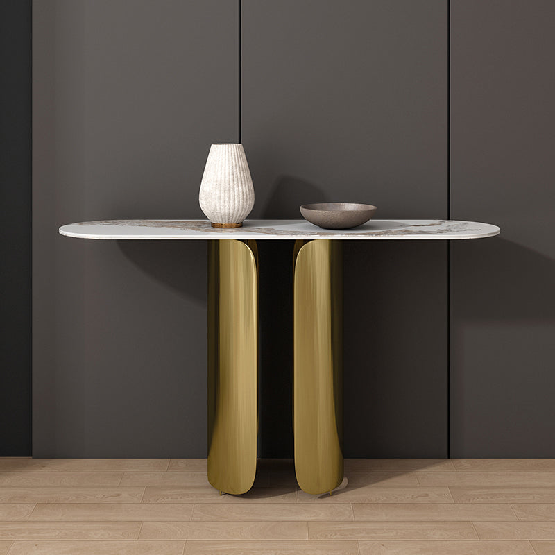 16 inch Wide Glam Console Table Oval Shape Stone Accent Table for Hall