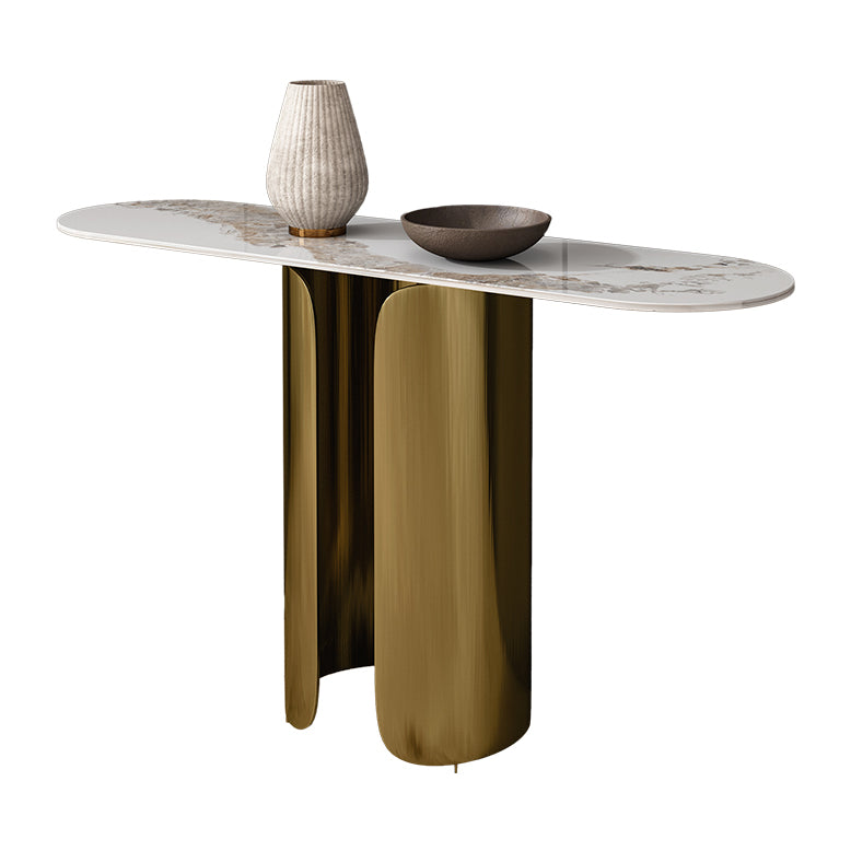 16 inch Wide Glam Console Table Oval Shape Stone Accent Table for Hall