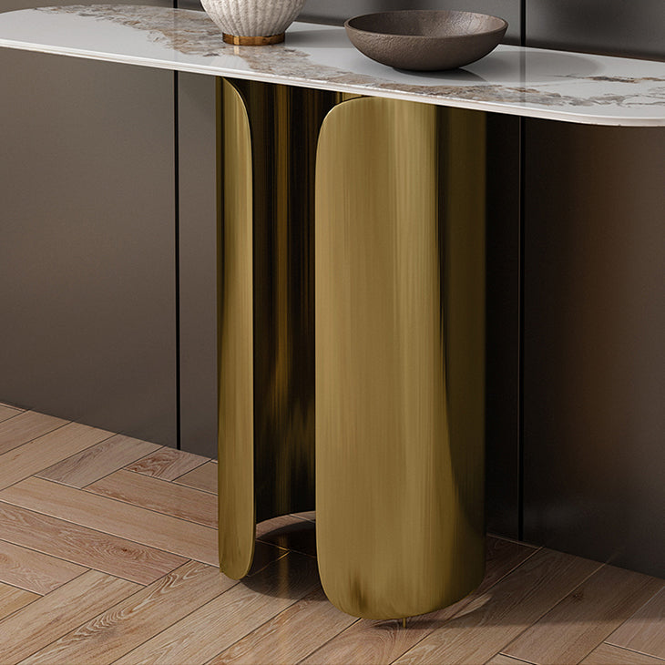 16 inch Wide Glam Console Table Oval Shape Stone Accent Table for Hall