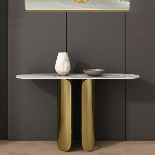 16 inch Wide Glam Console Table Oval Shape Stone Accent Table for Hall