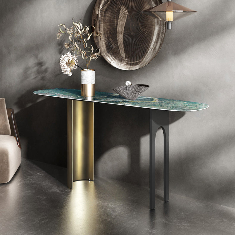 16 Inch Wide Glam Accent Table Oval Stone Console Table for Hall